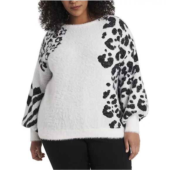 NEW VINCE CAMUTO - White Black Jacquard Eyelash Knit Pullover Sweater Size S - Picture 1 of 6